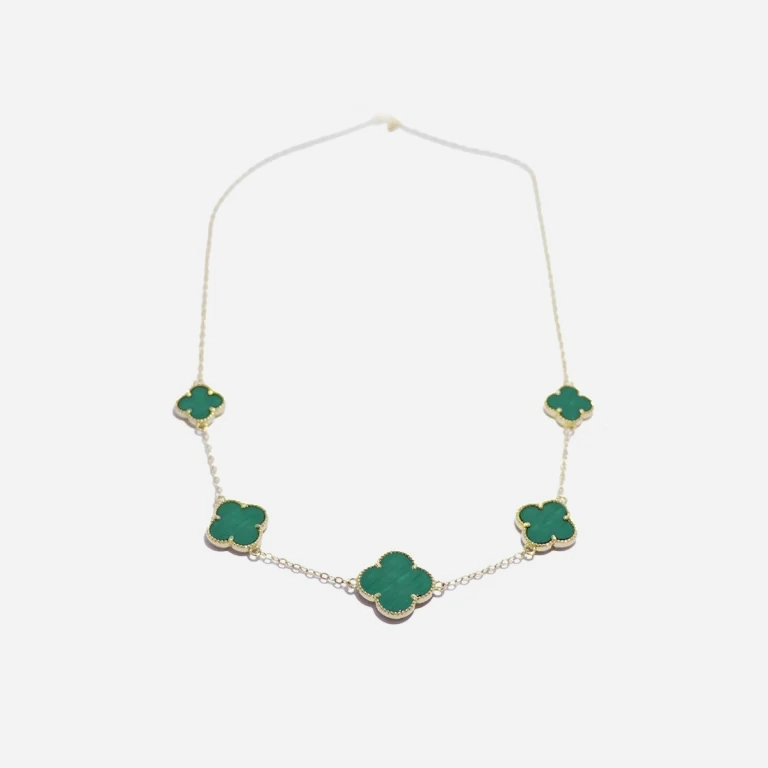 گردنبند طلا ونکلیف پنج گل با سنگ سبز